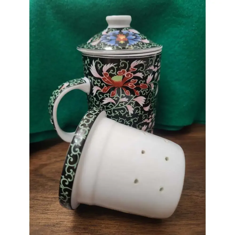 Chinese Dajin Porcelain Tea Set Black Floral Infuser Teapot Mug 4 Cups 6pc Set